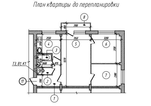 План квартиры до перепланировки — исходное состояние, ул. 3-я Молодежная, д. 58