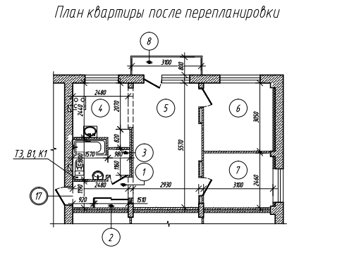 План квартиры после перепланировки — проектное решение, ул. 3-я Молодежная, д. 58